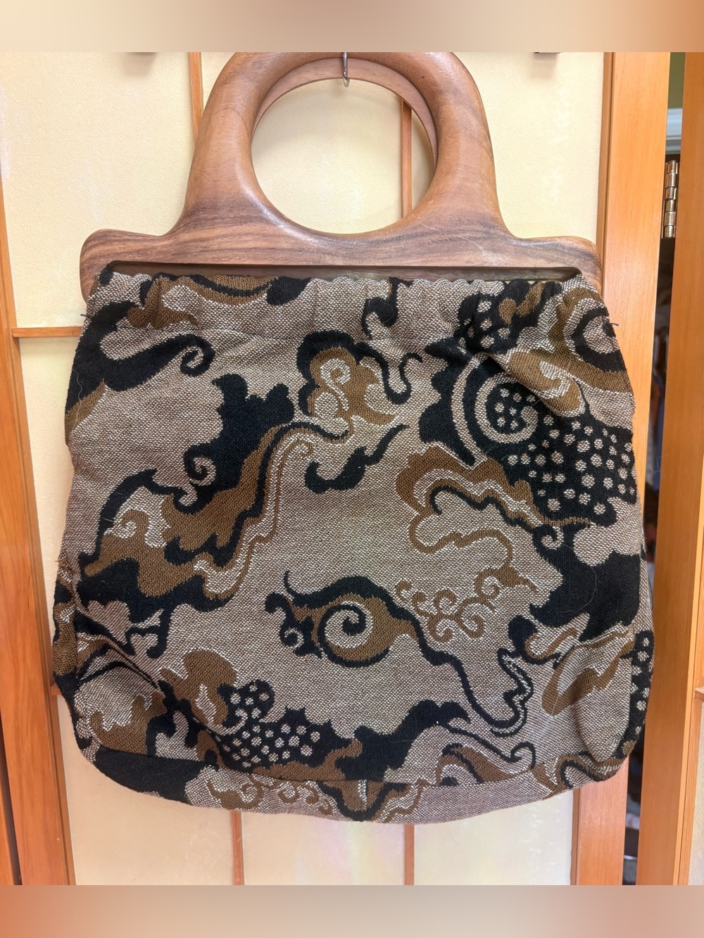 Vintage 60s 70s Style Carpet Bag with Wooden Handles and Psychedelic Pattern